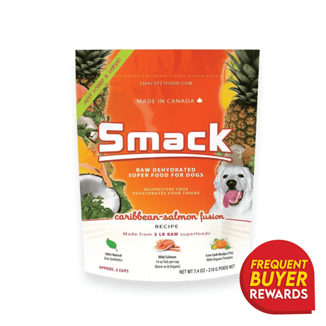 Smack Caribbean-Salmon Fusion for Dogs pouch showing wild salmon, organic pumpkin. Includes a white dog's face and Frequent Buyer Rewards badge. Made in Canada, 7.4 oz.