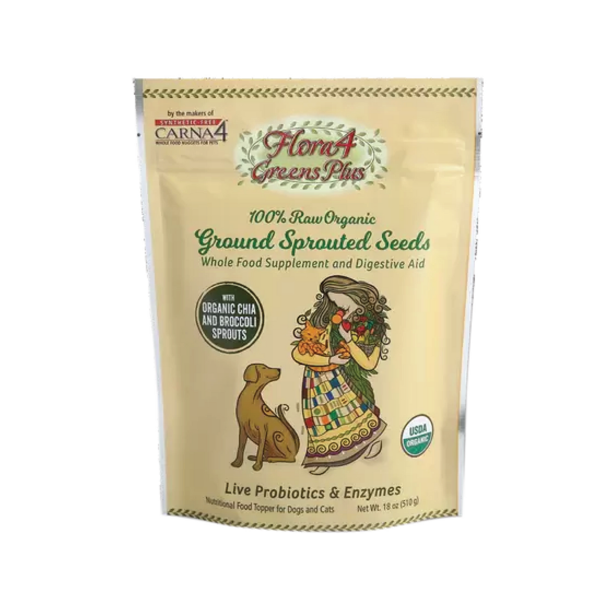Flora4 Greens Plus Sprouted Seed Topper pouch, labeled for dogs and cats, with organic chia, broccoli sprouts, probiotics, and enzymes. USDA Organic, 18 oz.