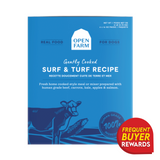 Open Farm Gently Cooked Surf & Turf Recipe dog food box featuring cow and fish art, human-grade ingredients, and frequent buyer rewards sticker, net weight 4 lb.
