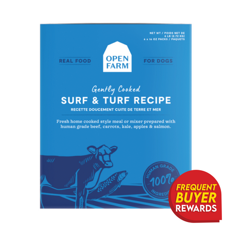 Open Farm Gently Cooked Surf & Turf Recipe dog food box featuring cow and fish art, human-grade ingredients, and frequent buyer rewards sticker, net weight 4 lb.