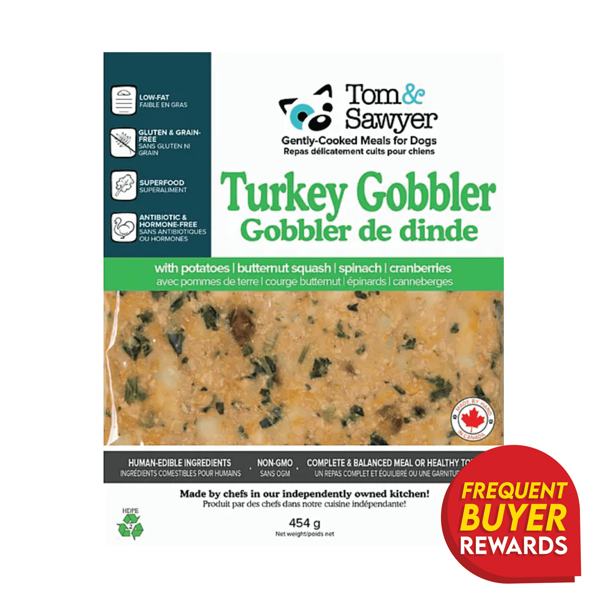 Tom & Sawyer Turkey Gobbler pet food package featuring turkey, potatoes, and superfoods, labeled low-fat, gluten-free, non-GMO, and made in Canada, 454g package.