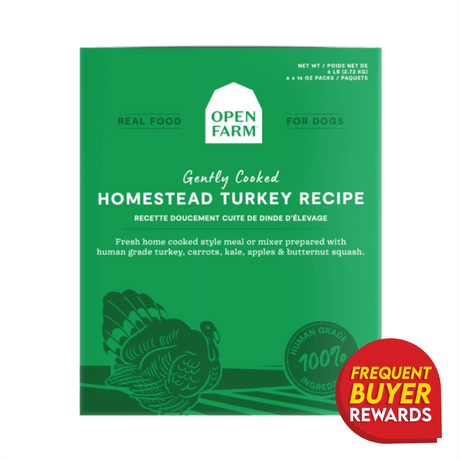 Open Farm Gently Cooked Homestead Turkey Recipe dog food package featuring human-grade ingredients, turkey illustration, and badges for 100% Human Grade Ingredients and Frequent Buyer Rewards.