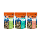 Feline Natural Pouches - Variety Box includes three flavors: Chicken & Lamb, Hoki & Beef, Lamb & King Salmon. Labeled complete & balanced, grain-free, ideal for hydration.
