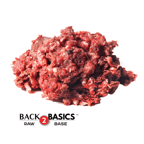 Back 2 Basics Venison - Ground 1lb Portions from $9.99/lb, featuring a loose pile of raw minced venison on a white background, ideal for pet meals.