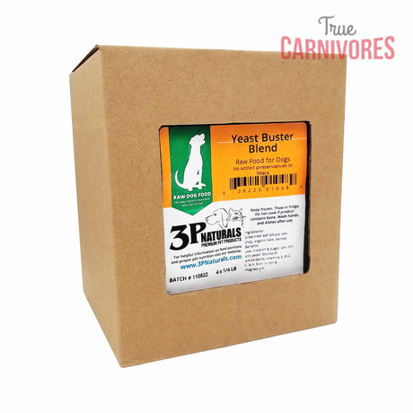 3P Basic Instinct Yeast Buster Blend: Cardboard box with raw, preservative-free dog food bricks, ideal as a freezer-friendly meal topper for pets.