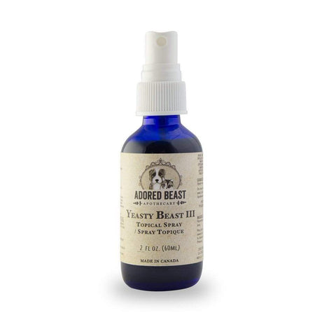 Adored Beast Yeasty Beast 3 Topical Spray, 60ml cobalt-blue bottle with white spray top, labeled for pet-safe yeast control with soothing herbal ingredients.