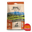 Zeal Air-Dried Beef for Dogs package features 96% meat, grain-free, ethically sourced, 16 oz. Includes Frequent Buyer Rewards badge, highlighting jerky-like pieces for convenient feeding.