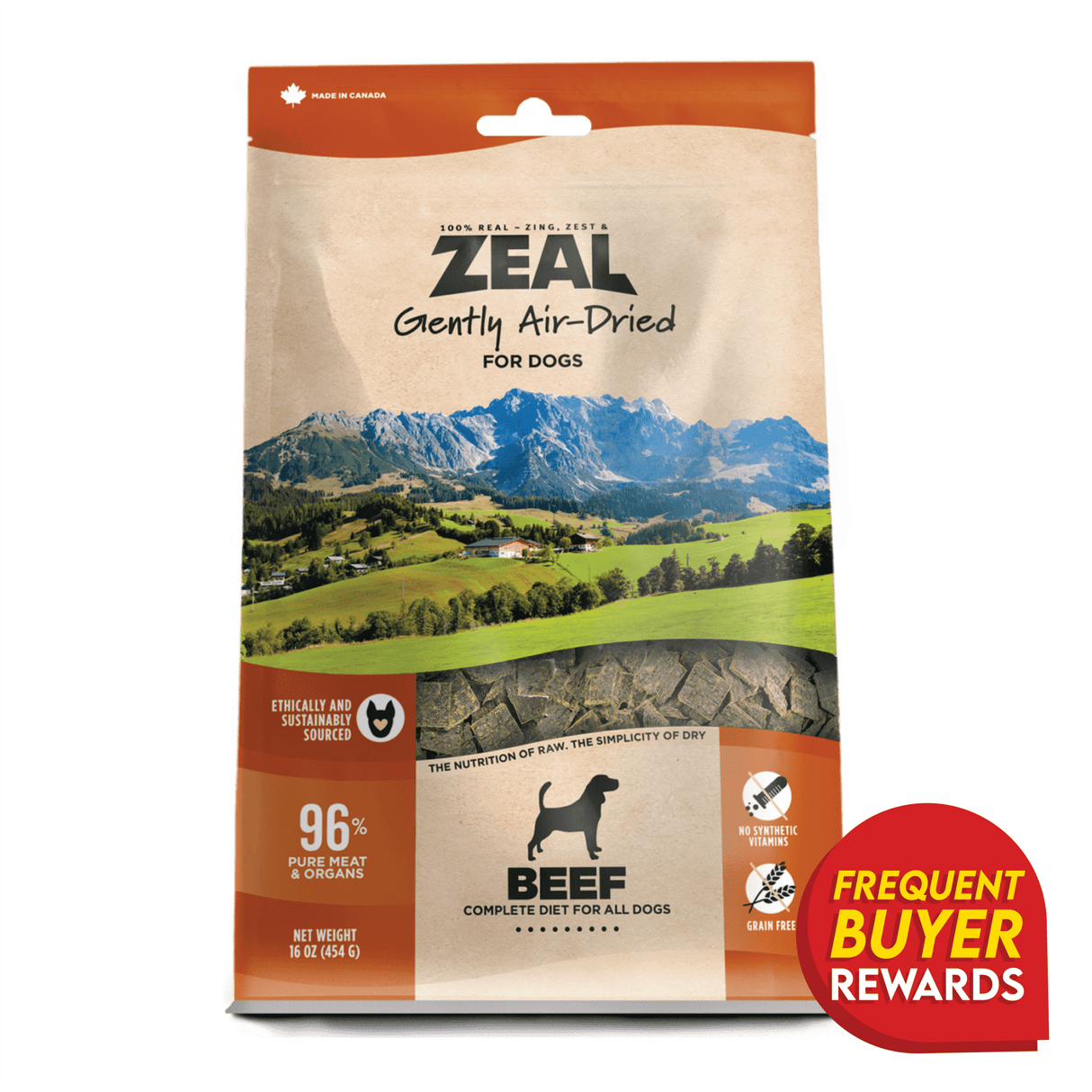 Zeal Air-Dried Beef for Dogs package features 96% meat, grain-free, ethically sourced, 16 oz. Includes Frequent Buyer Rewards badge, highlighting jerky-like pieces for convenient feeding.