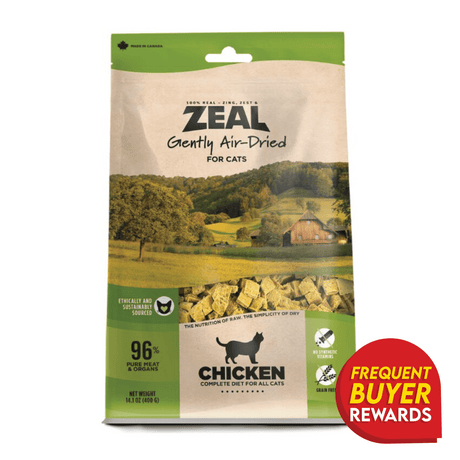 ZEAL Air-Dried Chicken for Cats, 14.1 oz bag, featuring 96% meat, grain-free, with a pastoral farm scene on the package and a Frequent Buyer Rewards badge.