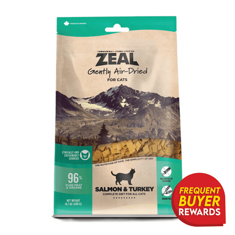 ZEAL Gently Air-Dried Cat Food, Salmon & Turkey, 14.1 oz pouch, shows 96% meat, grain-free, ethically sourced, with Frequent Buyer Rewards badge, made in Canada.