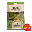 ZEAL Air-Dried Chicken for Dogs pouch with pastoral farm scene, emphasizing 96% pure meat & organs, grain-free, made in Canada, and Frequent Buyer Rewards badge.