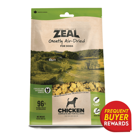 ZEAL Air-Dried Chicken for Dogs pouch with pastoral farm scene, emphasizing 96% pure meat & organs, grain-free, made in Canada, and Frequent Buyer Rewards badge.