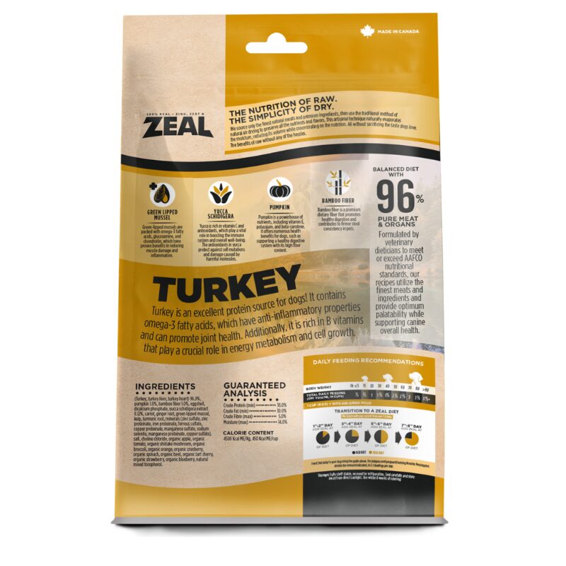 Zeal Air-Dried Turkey for Dogs pouch, showing nutritional details, feeding guidelines, and benefits like joint support and digestive health from added ingredients.