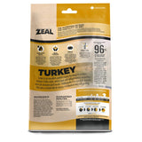 Zeal Air-Dried Turkey for Dogs pouch, showing nutritional details, feeding guidelines, and benefits like joint support and digestive health from added ingredients.