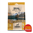 ZEAL Gently Air-Dried Turkey for Dogs pouch, featuring a mountain-lake scene, highlights its 96% pure meat content, grain-free formula, and Frequent Buyer Rewards badge.