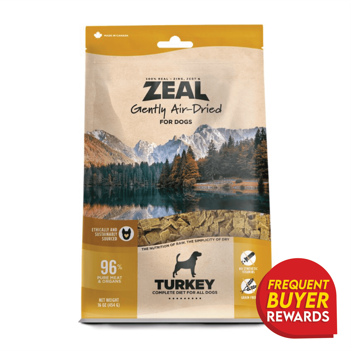 ZEAL Gently Air-Dried Turkey for Dogs pouch, featuring a mountain-lake scene, highlights its 96% pure meat content, grain-free formula, and Frequent Buyer Rewards badge.