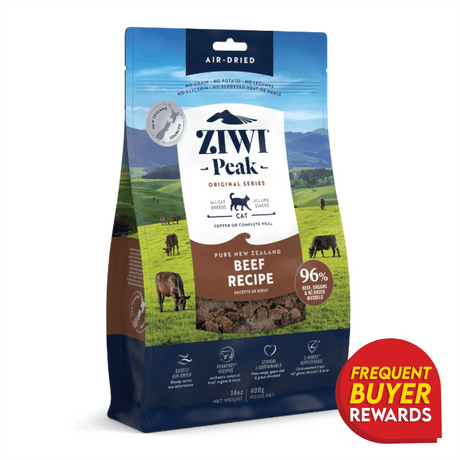Ziwi Peak Beef for Cats in a resealable pouch, featuring air-dried jerky pieces, 96% beef, organs, green mussels, and a Frequent Buyer Rewards badge.