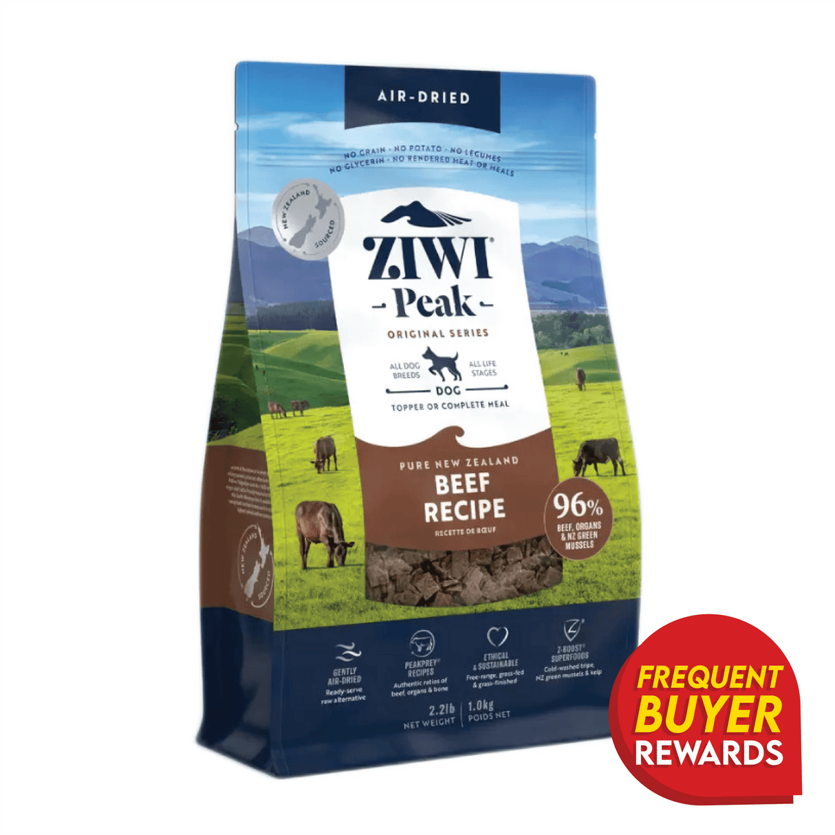 Ziwi Peak Beef for Dogs bag showing air-dried 96% beef, organs, and NZ green mussels. Includes Frequent Buyer Rewards badge. Suitable for all breeds and life stages.