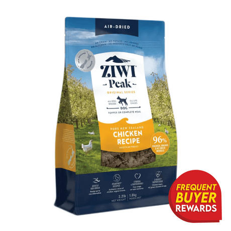 Ziwi Peak Chicken for Dogs pouch, air-dried, 96% chicken and organs, suitable for all breeds, with Frequent Buyer Rewards badge, jerky-like texture, shelf-stable.
