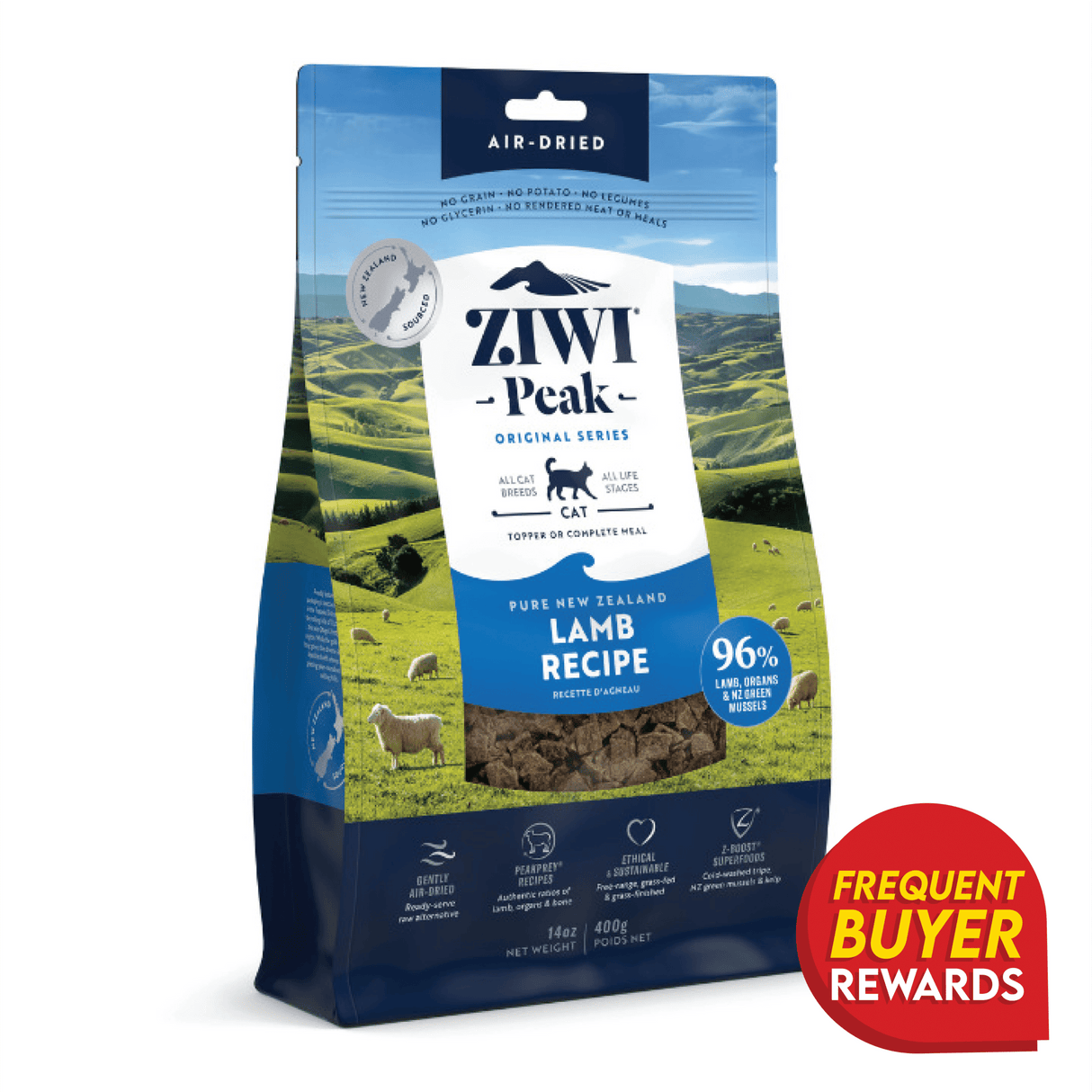 Ziwi Peak Lamb for Cats: 14 oz bag of air-dried cat food; 96% lamb, organs, mussels. Suitable for all cats, serves as meal or topper.