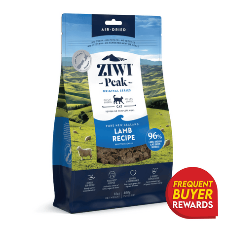 Ziwi Peak Lamb for Cats: 14 oz bag of air-dried cat food; 96% lamb, organs, mussels. Suitable for all cats, serves as meal or topper.