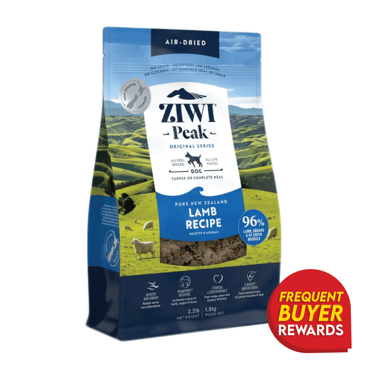 Ziwi Peak Lamb for Dogs, 2.2 lb bag, air-dried with 96% lamb and mussels; features Frequent Buyer Rewards badge. Suitable for all breeds and life stages.