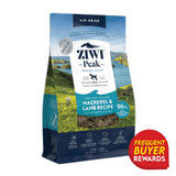 ZIWI® Peak Mackerel & Lamb dog food, 1 kg bag, features 96% whole seafood, lamb, and organs. Includes Frequent Buyer Rewards badge. Air-dried and bowl-ready.