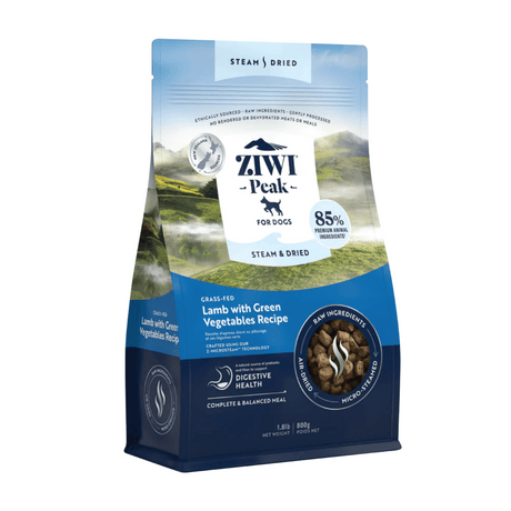 Ziwi Peak Steam Dried Lamb with Green Vegetables, New Zealand-made, 85% animal ingredients, micro-steamed, air-dried dog food, with added prebiotic fiber for digestive health.