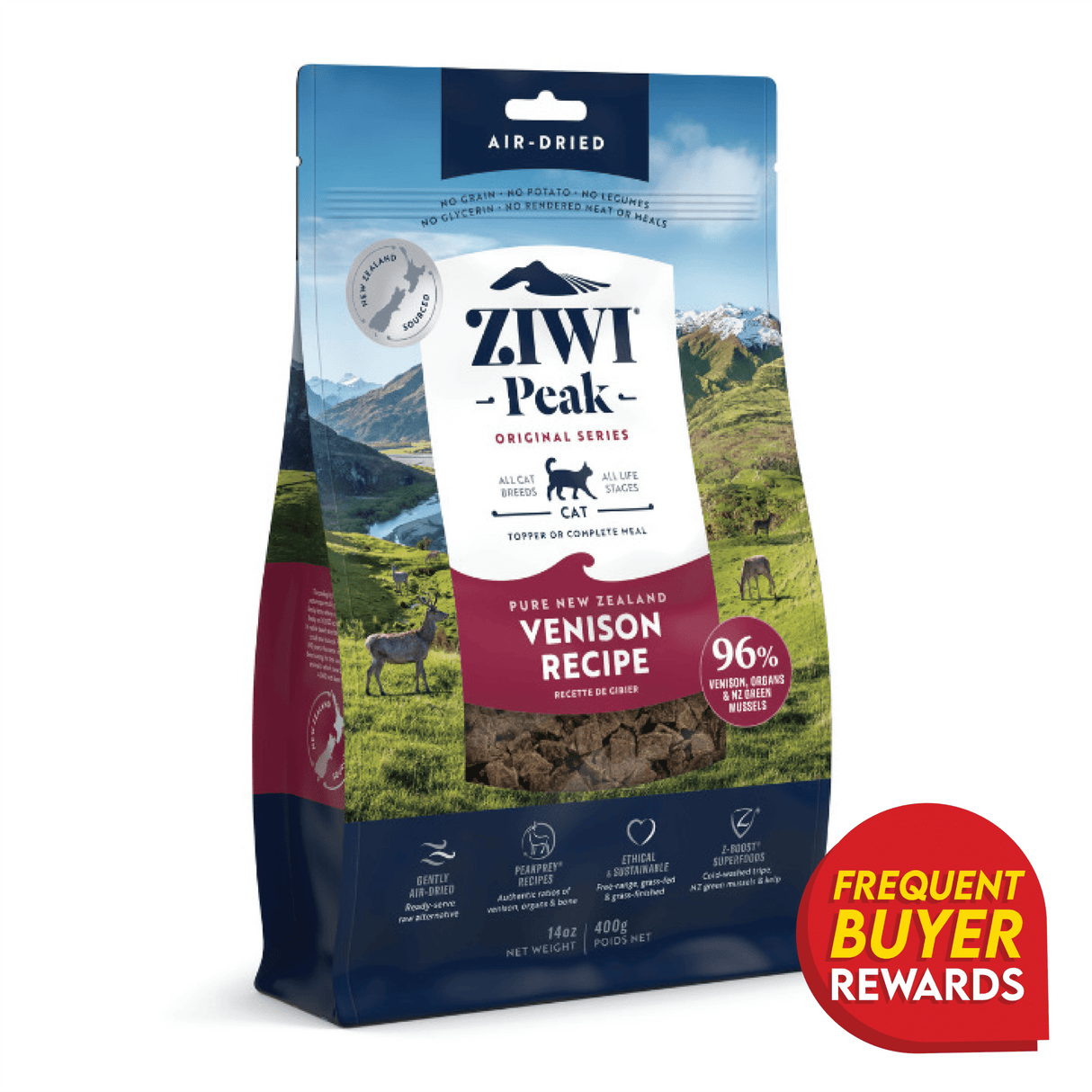 Ziwi Peak Venison for Cats in a resealable pouch, featuring 96% venison and green mussels. Includes a Frequent Buyer Rewards badge, emphasizing its air-dried, grain-free formula.
