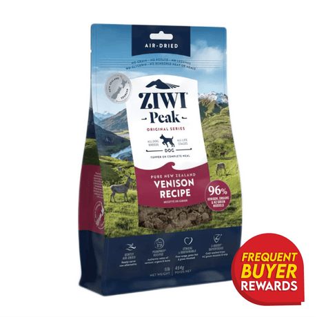 Ziwi Peak Venison for Dogs, air-dried dog food in a 1 lb bag, featuring a “Frequent Buyer Rewards” badge, ideal as a complete meal or topper.
