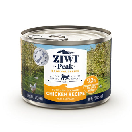 Ziwi Peak Canned Cat Recipes, Pure New Zealand Chicken, 185g can. Ready-to-serve, meat-rich loaf for cats, ideal for all breeds and life stages.