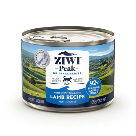 Ziwi Peak Canned Cat Recipes, featuring a 185g can of Pure New Zealand Lamb, suitable for all cat breeds, with 92% meat and organs.