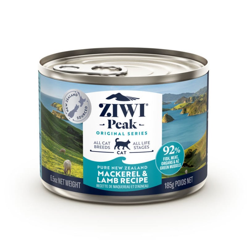 Ziwi Peak Canned Cat Recipes, Pure New Zealand Mackerel & Lamb, 185g can, highlights 92% fish, meat content. Ideal for all breeds, easy serve, no rehydration.