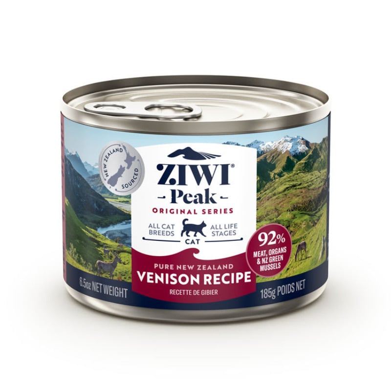 Ziwi Peak Canned Cat Recipes: Metal tin labeled Pure New Zealand Venison Recipe, featuring 92% meat and organs, net weight 185g, suitable for all cat breeds.